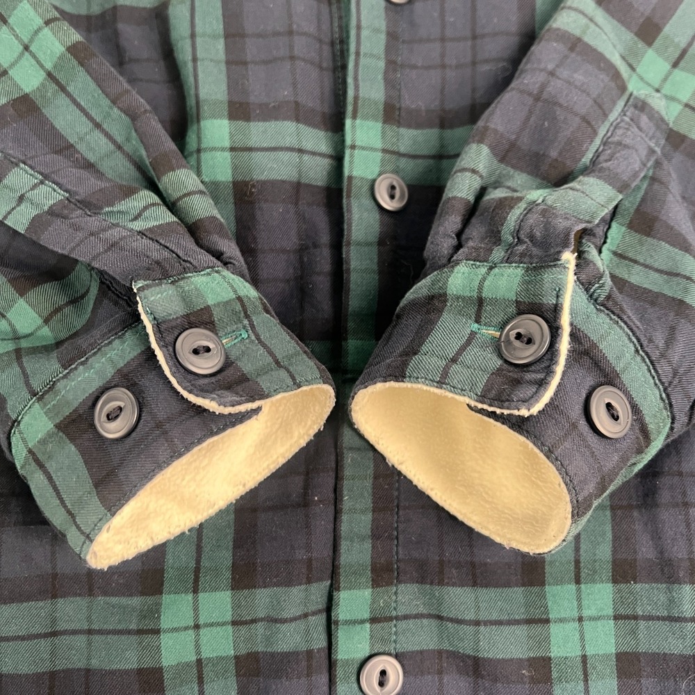 LL Bean Jacket Womens Large Relaxed Blue Green Plaid Flannel Hooded Sherpa Lined - Picture 15 of 16